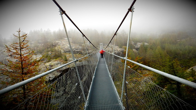 MS and My Quest to Find Fulfillment and Serve Others a rope bridge over a chasm with one person in the middle of the bridge