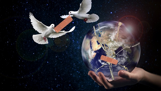 Cracking Our Hearts Open, Right Now birds of peace (doves) placing band-aids on a damaged and cracked Planet Earth