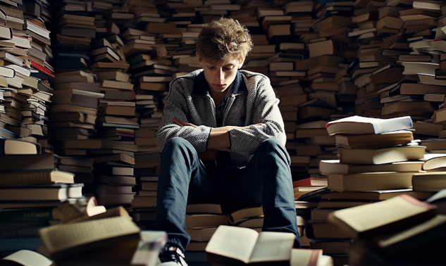 InnerSelf Magazine: January 6, 2025 a man sitting amongst piles and piles of book with one open book in front of him